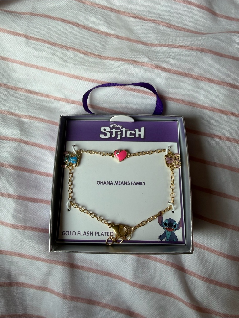 Disney Stitch Gold-Tone Bracelet with Pink Heart Charm